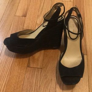 Black suede and woven wedges